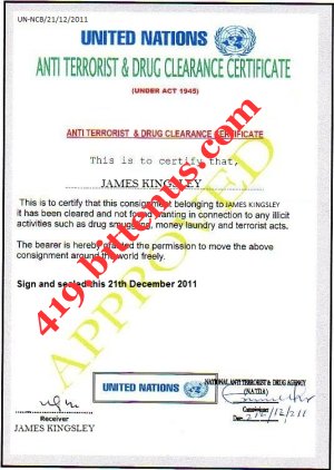 Anti Terriorist Drug Clearance Certificate of James Kingsley